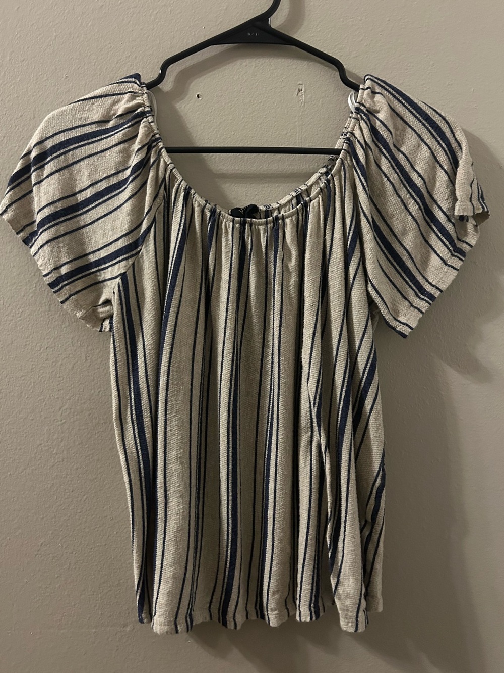 Striped Off-Shoulder/Over Shoulder Short Sleeve Top - Blue and Cream